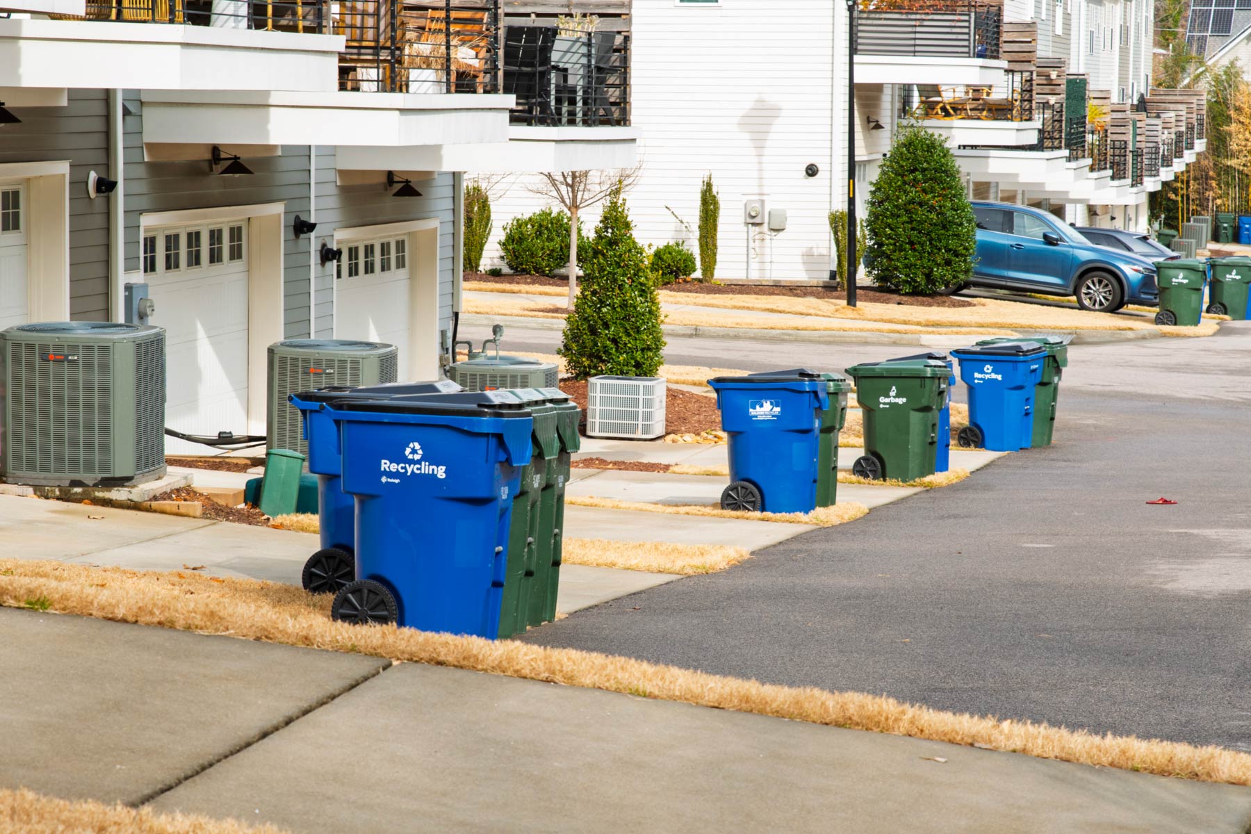 trash and recycling on a Raleigh street